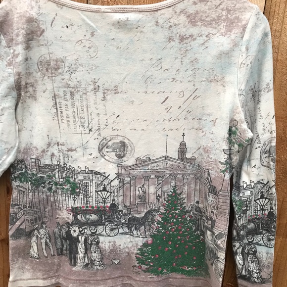 Y2k European Antique Newsprint Postcard Holiday Print Collage Tee Size Large - Picture 4 of 5